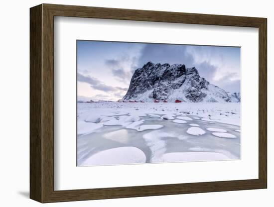 Snowy Peaks and Ice Frame the Typical Fishermen Houses Called Rorbu, Eggum-Roberto Moiola-Framed Photographic Print