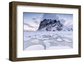 Snowy Peaks and Ice Frame the Typical Fishermen Houses Called Rorbu, Eggum-Roberto Moiola-Framed Photographic Print