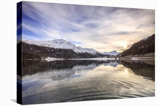Snowy Peaks and Woods are Reflected in Lake Silvaplana at Sunset, Switzerland-Roberto Moiola-Stretched Canvas