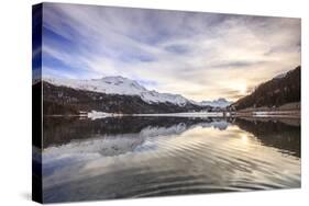 Snowy Peaks and Woods are Reflected in Lake Silvaplana at Sunset, Switzerland-Roberto Moiola-Stretched Canvas