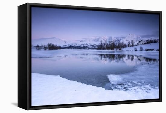 Snowy Peaks are Reflected in the Frozen Lake Jaegervatnet at Dusk, Lapland-Roberto Moiola-Framed Stretched Canvas