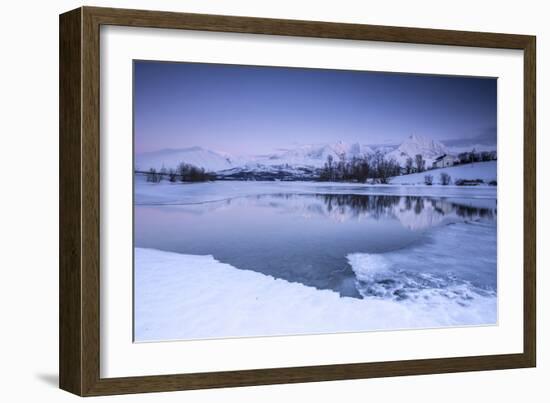 Snowy Peaks are Reflected in the Frozen Lake Jaegervatnet at Dusk, Lapland-Roberto Moiola-Framed Photographic Print