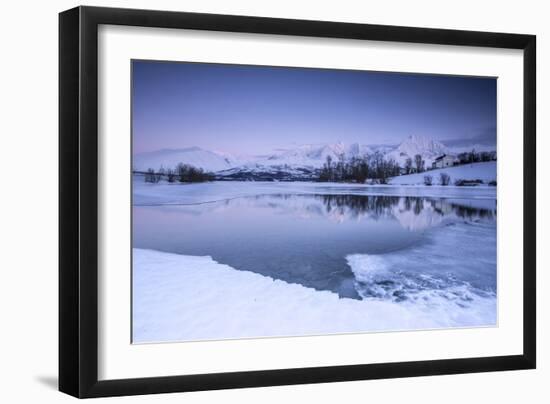 Snowy Peaks are Reflected in the Frozen Lake Jaegervatnet at Dusk, Lapland-Roberto Moiola-Framed Photographic Print