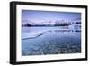 Snowy peaks are reflected in the frozen Lake Jaegervatnet at sunset Stortind Lyngen Alps Tromsa? La-ClickAlps-Framed Photographic Print