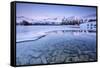 Snowy peaks are reflected in the frozen Lake Jaegervatnet at sunset Stortind Lyngen Alps Tromsa? La-ClickAlps-Framed Stretched Canvas
