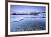 Snowy peaks are reflected in the frozen Lake Jaegervatnet at sunset Stortind Lyngen Alps Tromsa? La-ClickAlps-Framed Photographic Print