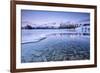 Snowy peaks are reflected in the frozen Lake Jaegervatnet at sunset Stortind Lyngen Alps Tromsa? La-ClickAlps-Framed Photographic Print