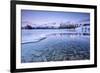 Snowy peaks are reflected in the frozen Lake Jaegervatnet at sunset Stortind Lyngen Alps Tromsa? La-ClickAlps-Framed Photographic Print