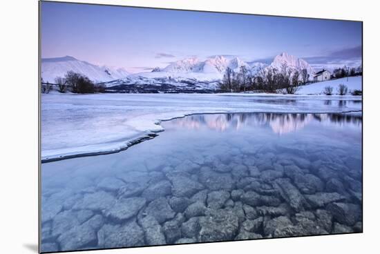 Snowy peaks are reflected in the frozen Lake Jaegervatnet at sunset Stortind Lyngen Alps Tromsa? La-ClickAlps-Mounted Photographic Print