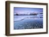 Snowy peaks are reflected in the frozen Lake Jaegervatnet at sunset Stortind Lyngen Alps Tromsa? La-ClickAlps-Framed Photographic Print