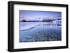 Snowy peaks are reflected in the frozen Lake Jaegervatnet at sunset Stortind Lyngen Alps Tromsa? La-ClickAlps-Framed Photographic Print