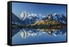 Snowy peaks of Dent Du Geant and Grandes Jorasses are reflected in Lac Blanc, Haute Savoie, France,-ClickAlps-Framed Stretched Canvas