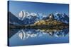 Snowy peaks of Dent Du Geant and Grandes Jorasses are reflected in Lac Blanc, Haute Savoie, France,-ClickAlps-Stretched Canvas