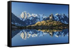 Snowy peaks of Dent Du Geant and Grandes Jorasses are reflected in Lac Blanc, Haute Savoie, France,-ClickAlps-Framed Stretched Canvas