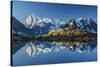 Snowy peaks of Dent Du Geant and Grandes Jorasses are reflected in Lac Blanc, Haute Savoie, France,-ClickAlps-Stretched Canvas