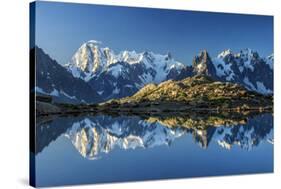 Snowy peaks of Dent Du Geant and Grandes Jorasses are reflected in Lac Blanc, Haute Savoie, France,-ClickAlps-Stretched Canvas