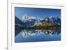 Snowy peaks of Dent Du Geant and Grandes Jorasses are reflected in Lac Blanc, Haute Savoie, France,-ClickAlps-Framed Photographic Print