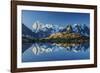 Snowy peaks of Dent Du Geant and Grandes Jorasses are reflected in Lac Blanc, Haute Savoie, France,-ClickAlps-Framed Photographic Print