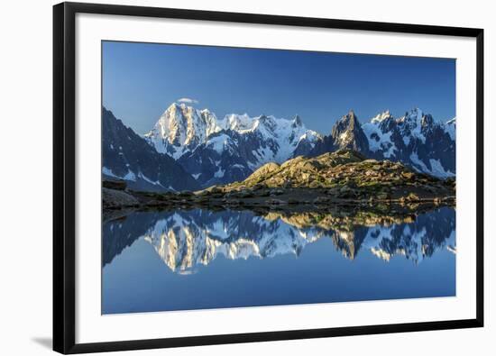 Snowy peaks of Dent Du Geant and Grandes Jorasses are reflected in Lac Blanc, Haute Savoie, France,-ClickAlps-Framed Photographic Print