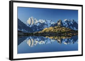 Snowy peaks of Dent Du Geant and Grandes Jorasses are reflected in Lac Blanc, Haute Savoie, France,-ClickAlps-Framed Photographic Print