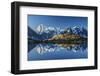 Snowy peaks of Dent Du Geant and Grandes Jorasses are reflected in Lac Blanc, Haute Savoie, France,-ClickAlps-Framed Photographic Print