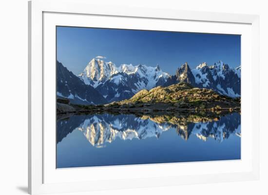 Snowy peaks of Dent Du Geant and Grandes Jorasses are reflected in Lac Blanc, Haute Savoie, France,-ClickAlps-Framed Photographic Print