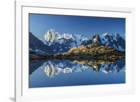 Snowy peaks of Dent Du Geant and Grandes Jorasses are reflected in Lac Blanc, Haute Savoie, France,-ClickAlps-Framed Photographic Print