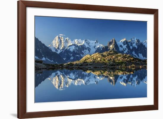 Snowy peaks of Dent Du Geant and Grandes Jorasses are reflected in Lac Blanc, Haute Savoie, France,-ClickAlps-Framed Photographic Print