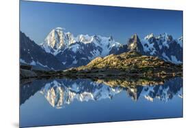 Snowy peaks of Dent Du Geant and Grandes Jorasses are reflected in Lac Blanc, Haute Savoie, France,-ClickAlps-Mounted Photographic Print