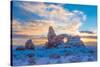 Snowy Sunset at Turret Arch, Arches National Park, Utah Windows Section-Tom Till-Stretched Canvas