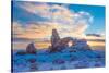 Snowy Sunset at Turret Arch, Arches National Park, Utah Windows Section-Tom Till-Stretched Canvas