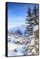 Snowy Woods and Mountain Huts Framed by the Winter Sunset, Bettmeralp, District of Raron-Roberto Moiola-Framed Stretched Canvas