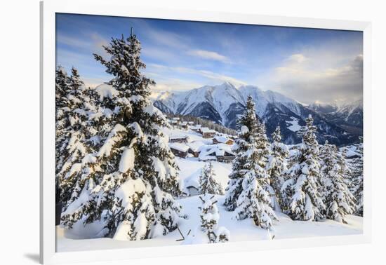 Snowy Woods and Mountain Huts Framed by the Winter Sunset, Bettmeralp, District of Raron-Roberto Moiola-Framed Photographic Print