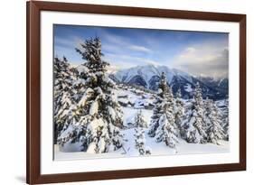 Snowy Woods and Mountain Huts Framed by the Winter Sunset, Bettmeralp, District of Raron-Roberto Moiola-Framed Photographic Print