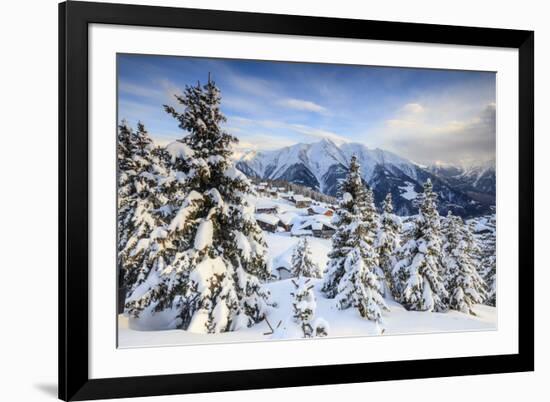 Snowy Woods and Mountain Huts Framed by the Winter Sunset, Bettmeralp, District of Raron-Roberto Moiola-Framed Photographic Print