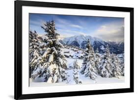 Snowy Woods and Mountain Huts Framed by the Winter Sunset, Bettmeralp, District of Raron-Roberto Moiola-Framed Photographic Print