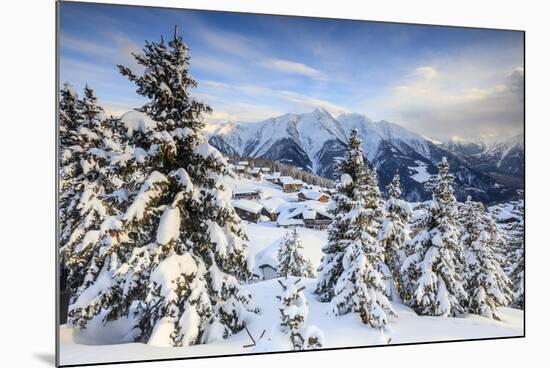 Snowy Woods and Mountain Huts Framed by the Winter Sunset, Bettmeralp, District of Raron-Roberto Moiola-Mounted Photographic Print