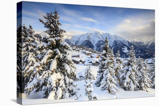 Snowy Woods and Mountain Huts Framed by the Winter Sunset, Bettmeralp, District of Raron-Roberto Moiola-Stretched Canvas