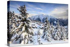 Snowy Woods and Mountain Huts Framed by the Winter Sunset, Bettmeralp, District of Raron-Roberto Moiola-Stretched Canvas