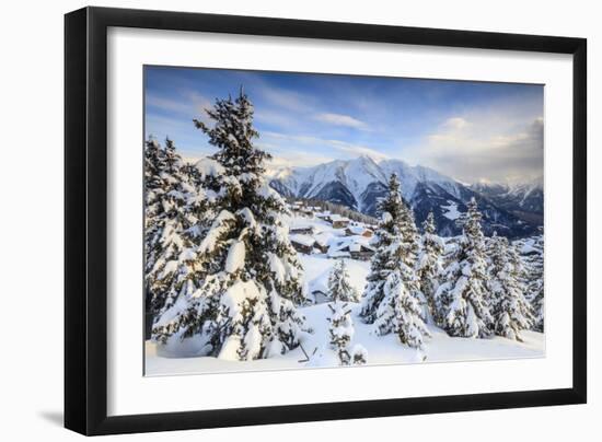 Snowy Woods and Mountain Huts Framed by the Winter Sunset, Bettmeralp, District of Raron-Roberto Moiola-Framed Photographic Print