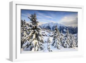 Snowy Woods and Mountain Huts Framed by the Winter Sunset, Bettmeralp, District of Raron-Roberto Moiola-Framed Photographic Print