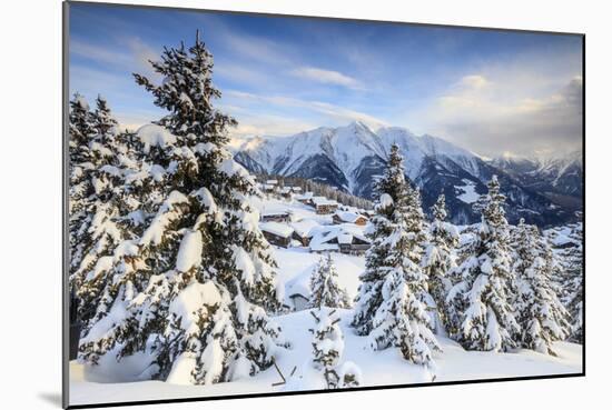 Snowy Woods and Mountain Huts Framed by the Winter Sunset, Bettmeralp, District of Raron-Roberto Moiola-Mounted Photographic Print