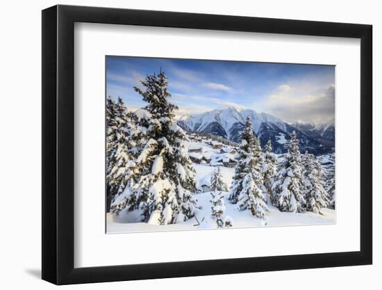 Snowy Woods and Mountain Huts Framed by the Winter Sunset, Bettmeralp, District of Raron-Roberto Moiola-Framed Photographic Print