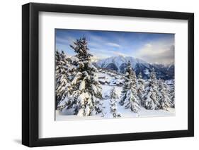 Snowy Woods and Mountain Huts Framed by the Winter Sunset, Bettmeralp, District of Raron-Roberto Moiola-Framed Photographic Print