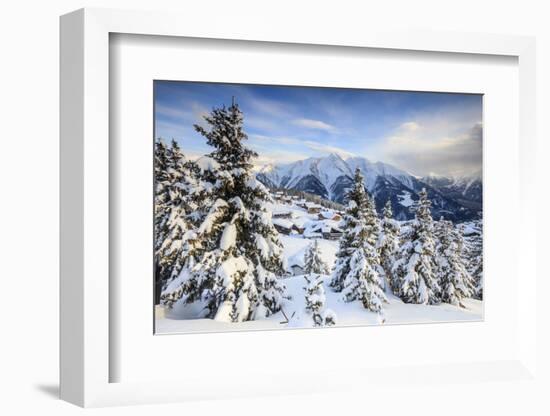 Snowy Woods and Mountain Huts Framed by the Winter Sunset, Bettmeralp, District of Raron-Roberto Moiola-Framed Photographic Print