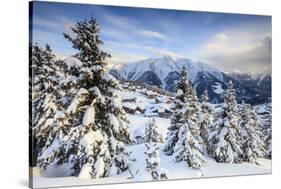 Snowy Woods and Mountain Huts Framed by the Winter Sunset, Bettmeralp, District of Raron-Roberto Moiola-Stretched Canvas