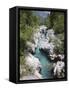 Soca River with Clear Emerald Water Flowing Between Eroded Rocks in Trenta Valley in Summer-Pearl Bucknall-Framed Stretched Canvas