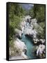 Soca River with Clear Emerald Water Flowing Between Eroded Rocks in Trenta Valley in Summer-Pearl Bucknall-Framed Stretched Canvas