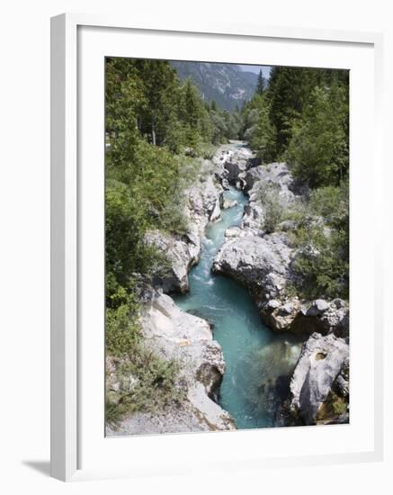 Soca River with Clear Emerald Water Flowing Between Eroded Rocks in Trenta Valley in Summer-Pearl Bucknall-Framed Photographic Print