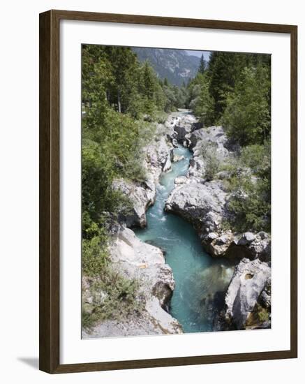 Soca River with Clear Emerald Water Flowing Between Eroded Rocks in Trenta Valley in Summer-Pearl Bucknall-Framed Photographic Print